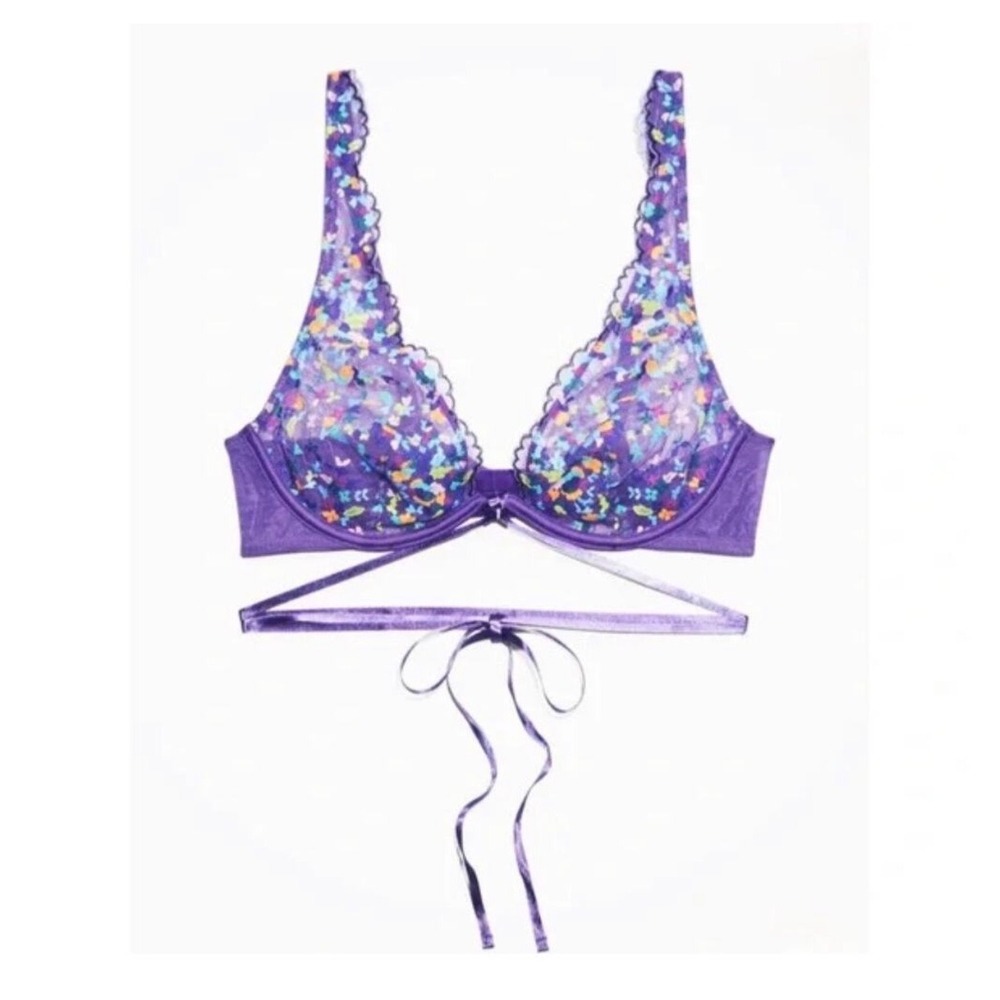 Savage X Fenty Bra Womens 38DD Purple Butterfly Lace Tie-Waist Unlined Underwire